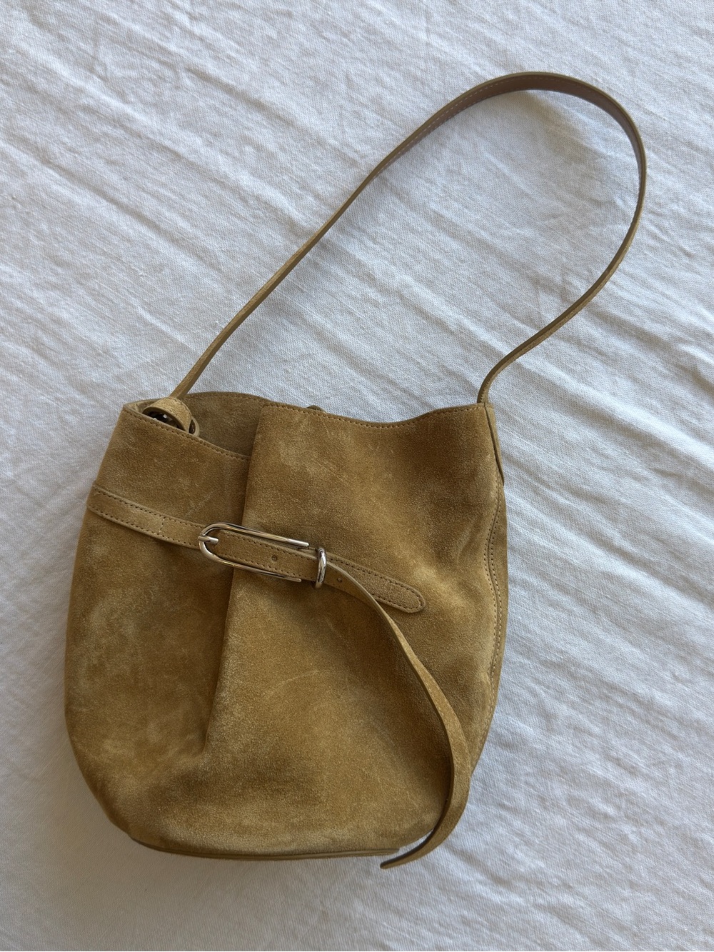 Liffner Belted Bucket Bag Small Suede Belt-Detail Shoulder Bag - Gold / Tan